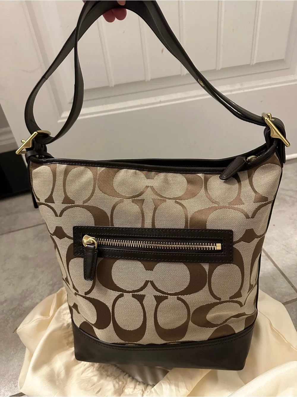 Coach Brown and Khaki Legacy Signature Canvas Shoulder Bag
